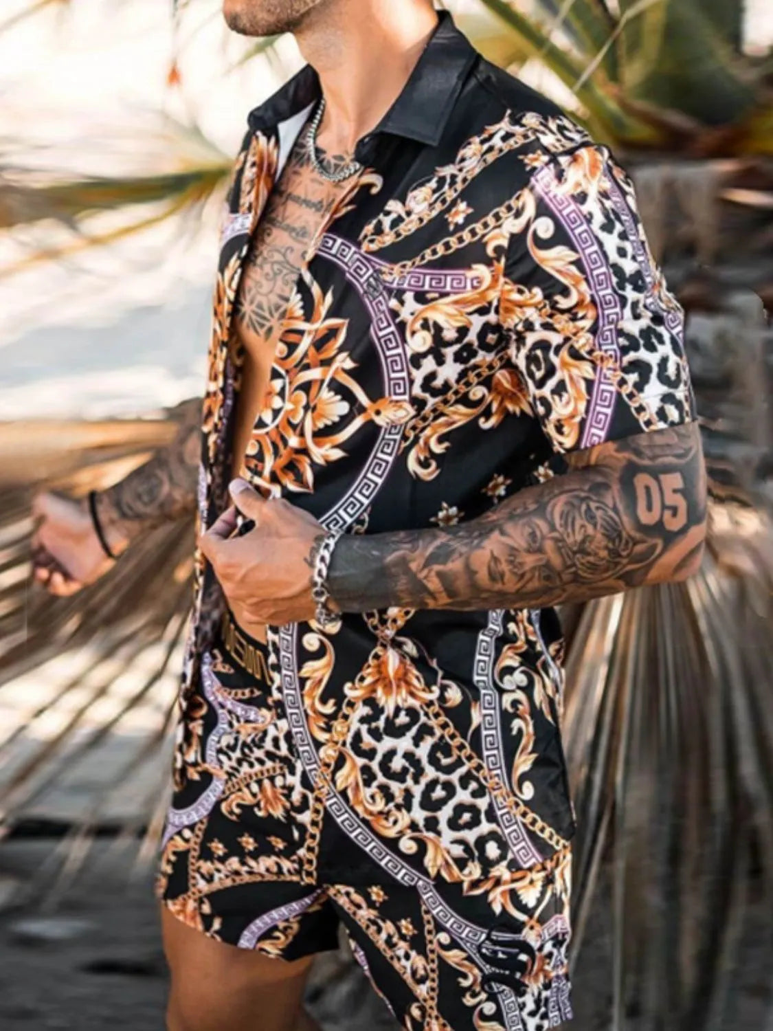 Castlebeard Men's Full Size Printed Short Sleeve Top and Shorts Set Plus Size