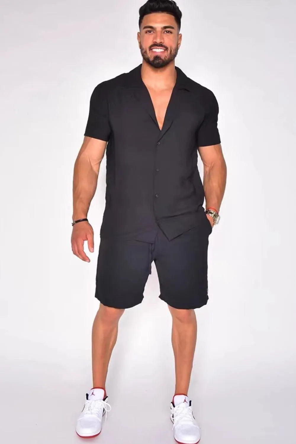 Castlebeard Men's Full Size Button Up Short Sleeve Top and Shorts Set Plus Size