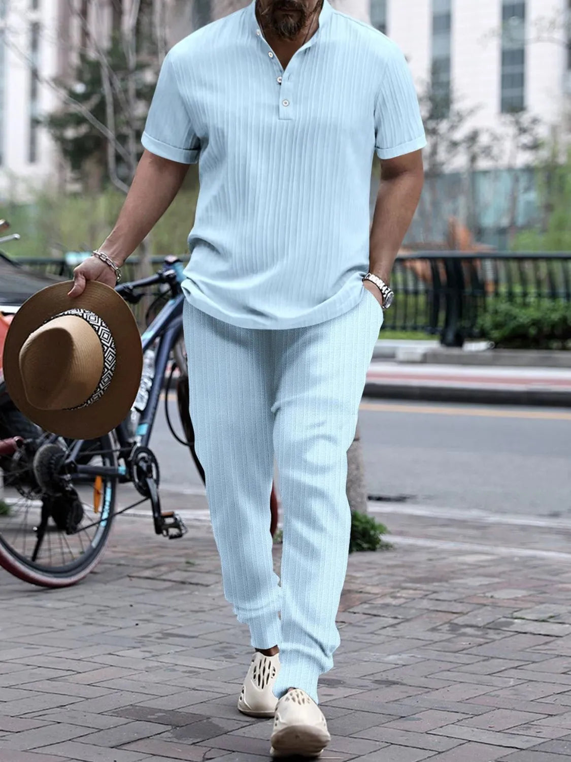 Castlebeard Men's Full Size Button Detail Short Sleeve Top and Pants Set Plus Size