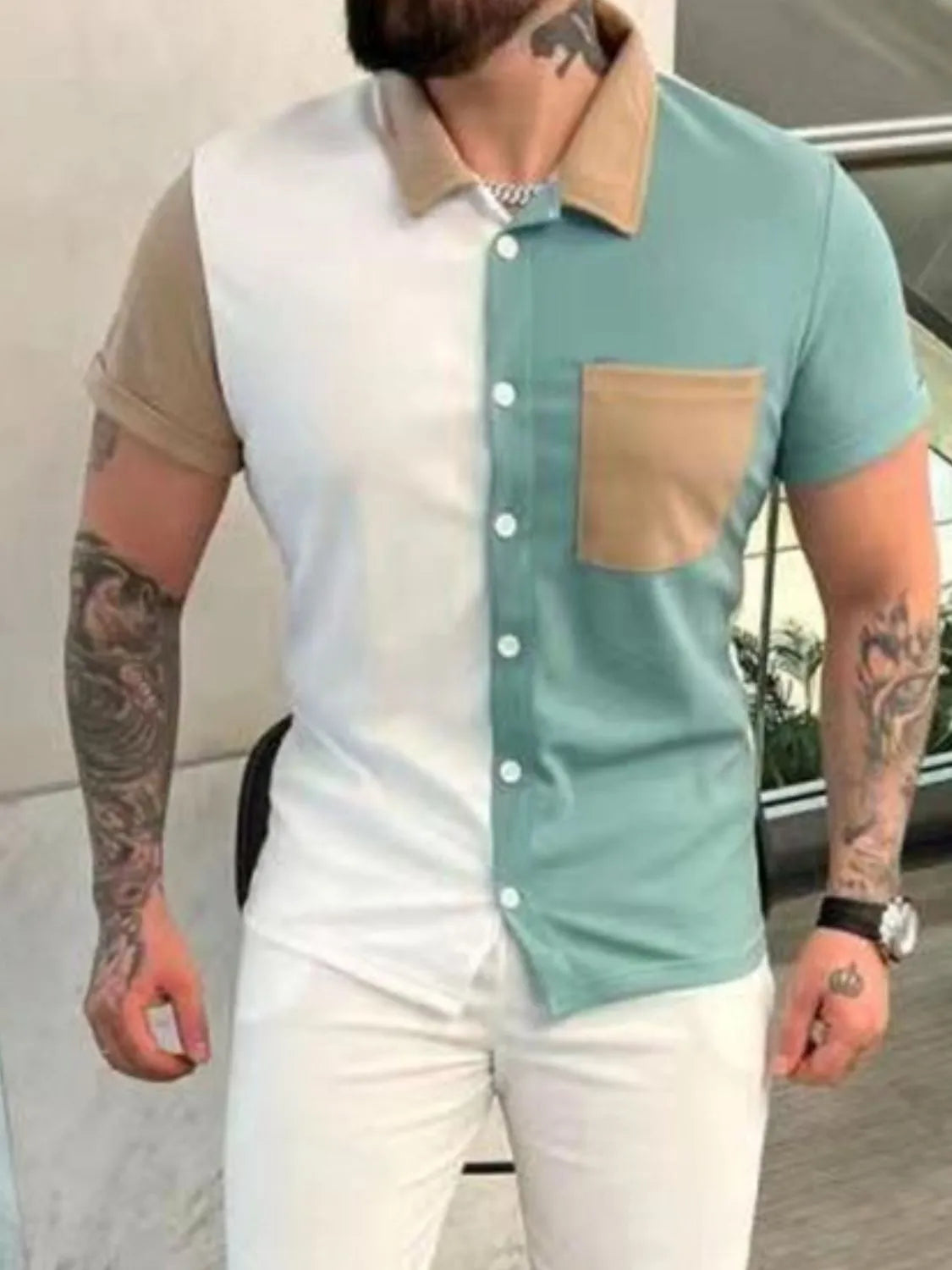 Castlebeard Men's Full Size Button Up Short Sleeve Top and Pants Set Plus Size