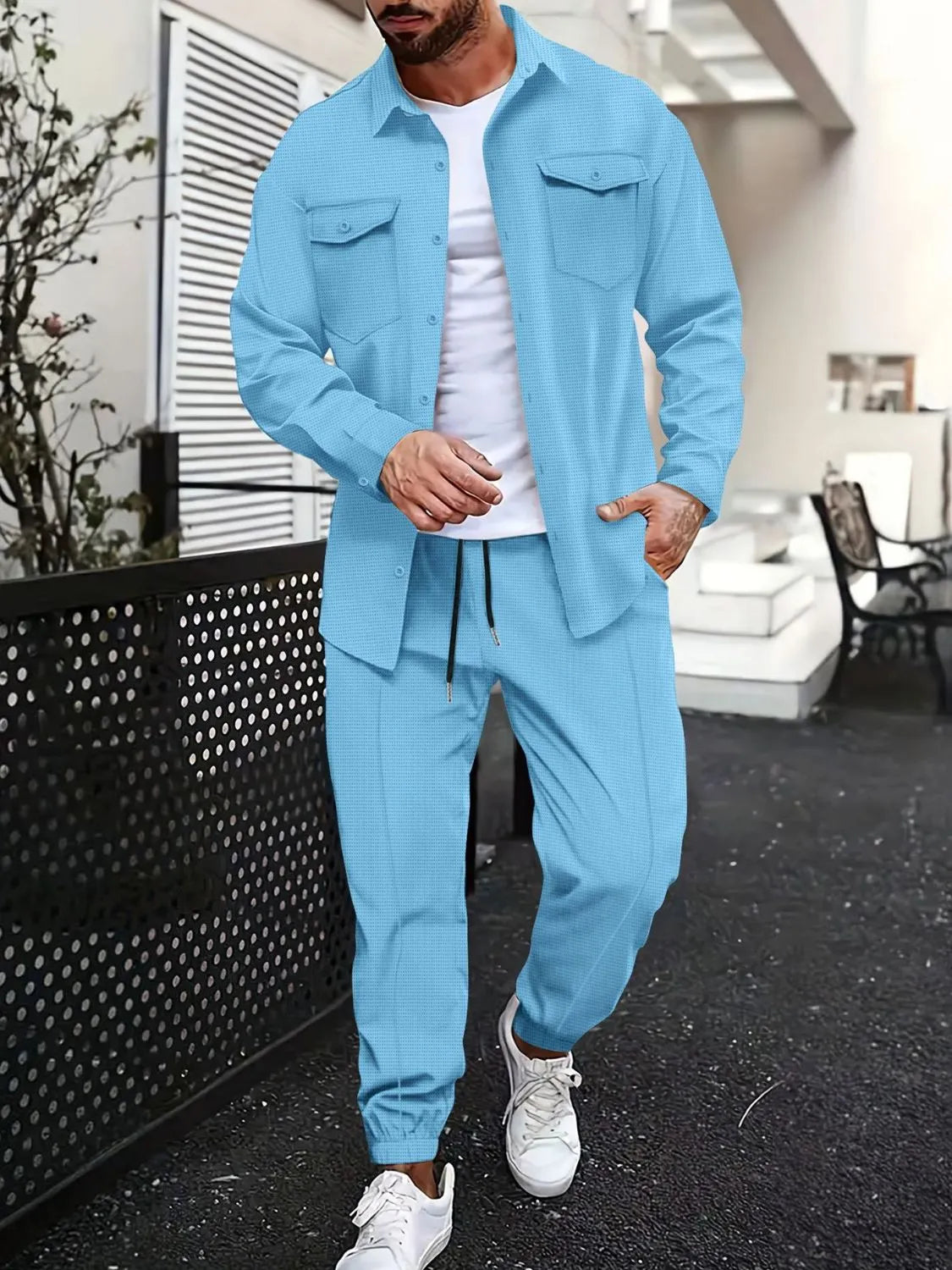 Castlebeard Men's Full Size Button Up Long Sleeve Top and Pants Set Plus Size