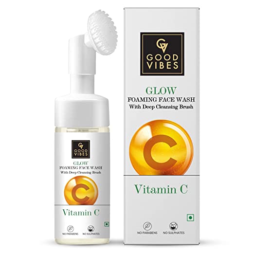 Good Vibes Vitamin C Glow Foaming Face Wash With Deep Cleansing Brush, 150 ml Non-Drying Brightening Face Cleanser For Clear Skin