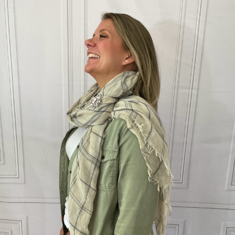 Over shoulder loop scarf style with HDL Brooch
