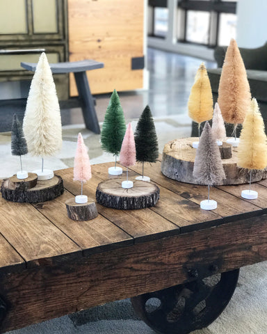 Bottle Brush trees on raw wood rounds 