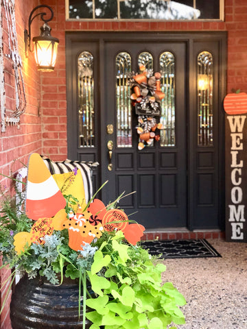 Halloween Front Door Decor | The Round Top Collection Halloween Candy Stakes| Glory Haus Welcome Board |