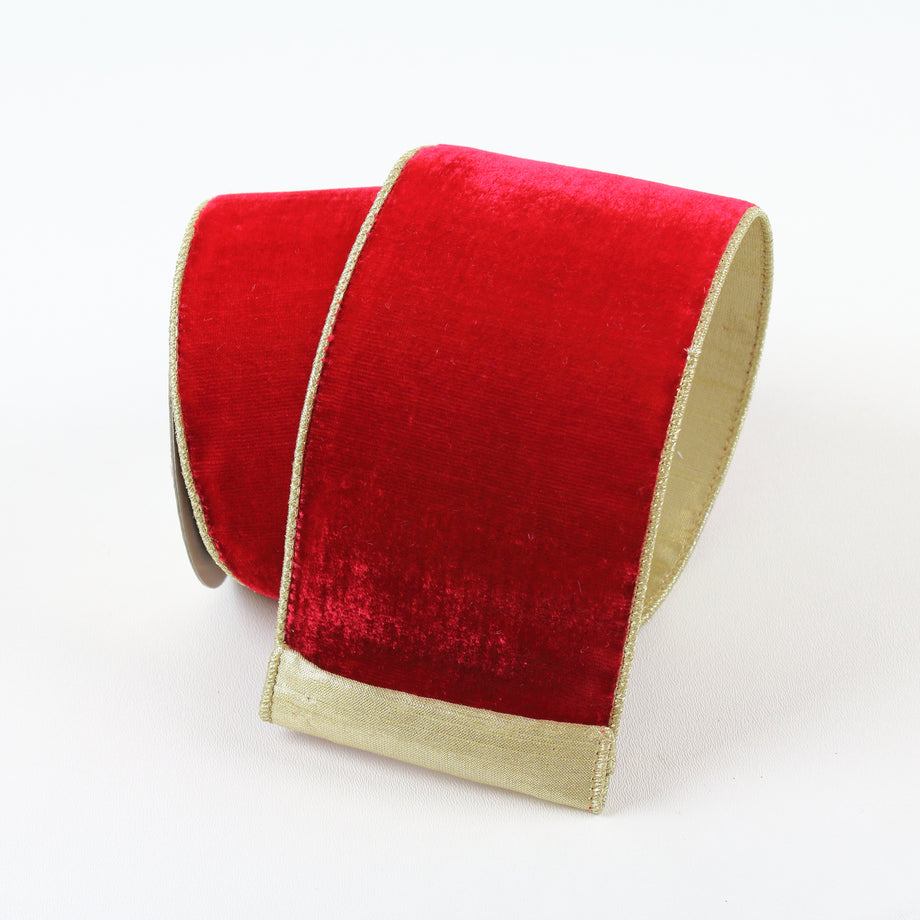 Farrisilk 4 X 10 YD Red Velvet Santa Wired Ribbon in Red, Gold