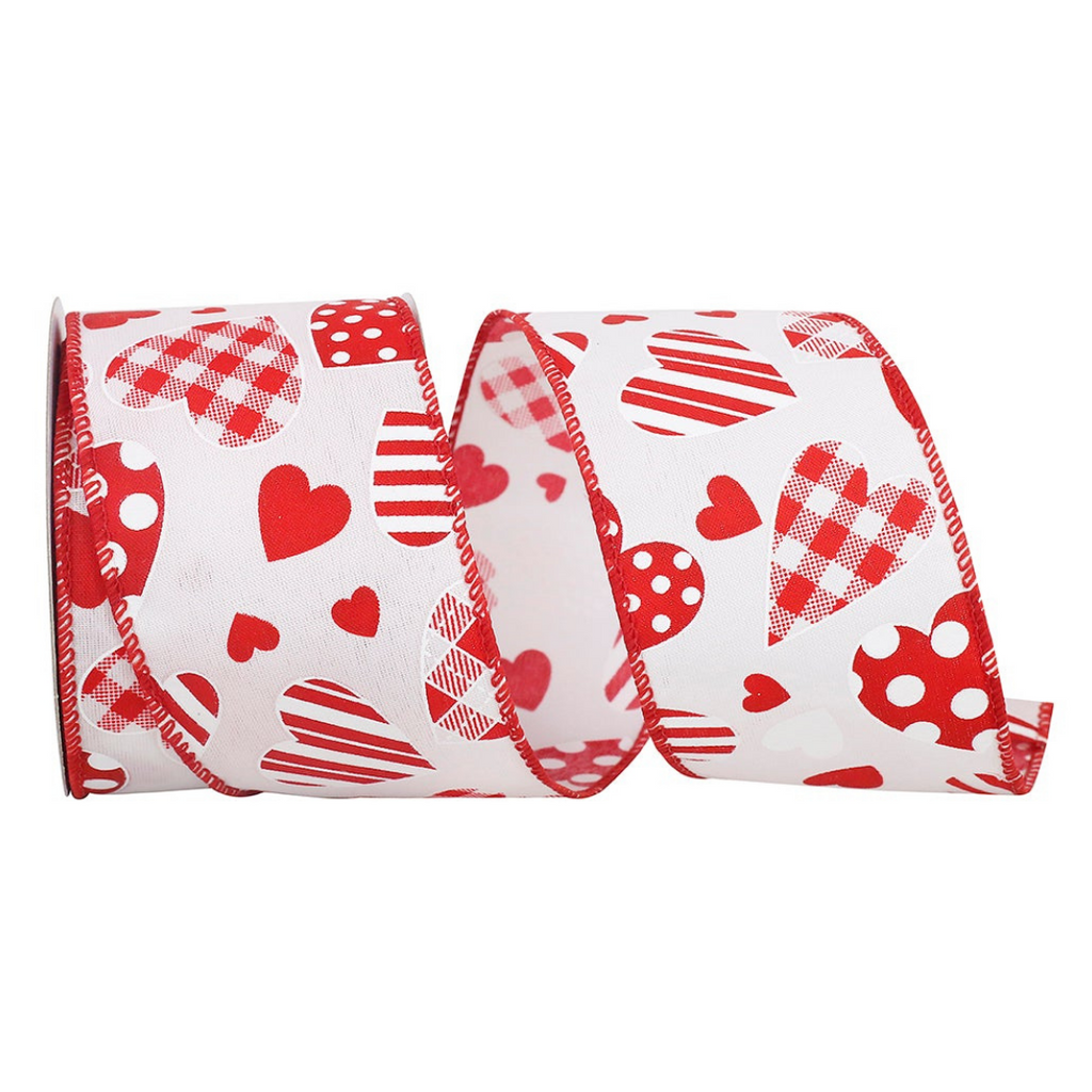 1.5 X 10 YD Wired Valentine Hearts Ribbon, Pink Red and White Valentine  Ribbon, 11006-09-28 