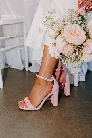 Theyaa Light Pink Square-Toe High Heel Sandals | Pink heels outfit, Pink  sandals heels, Heels