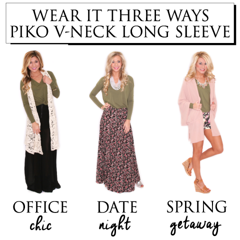 piko long sleeve v neck styled three ways