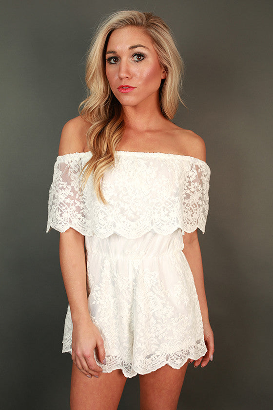 white lace off the shoulder romper