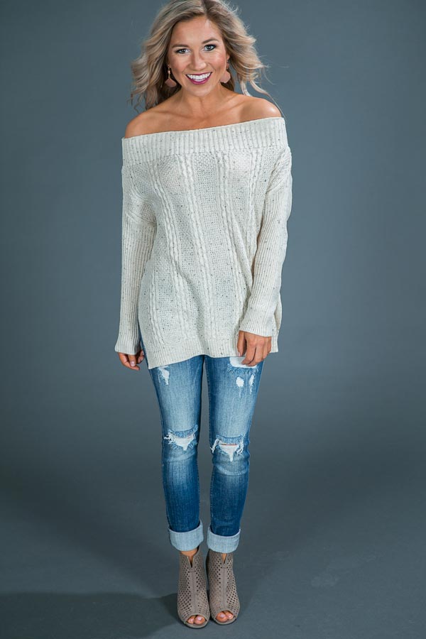 Cuddle Up Buttercup Off Shoulder Sweater in Cream Impressions