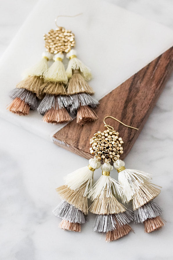 Brushed gold colour cream tassel thread drop earring. - (ER31627)