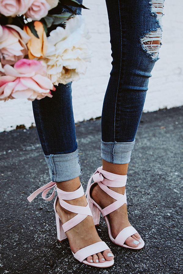 blush lace up heels