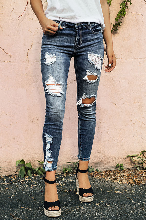 The Palm Beach Mid Rise Distressed Skinny in Dark Wash