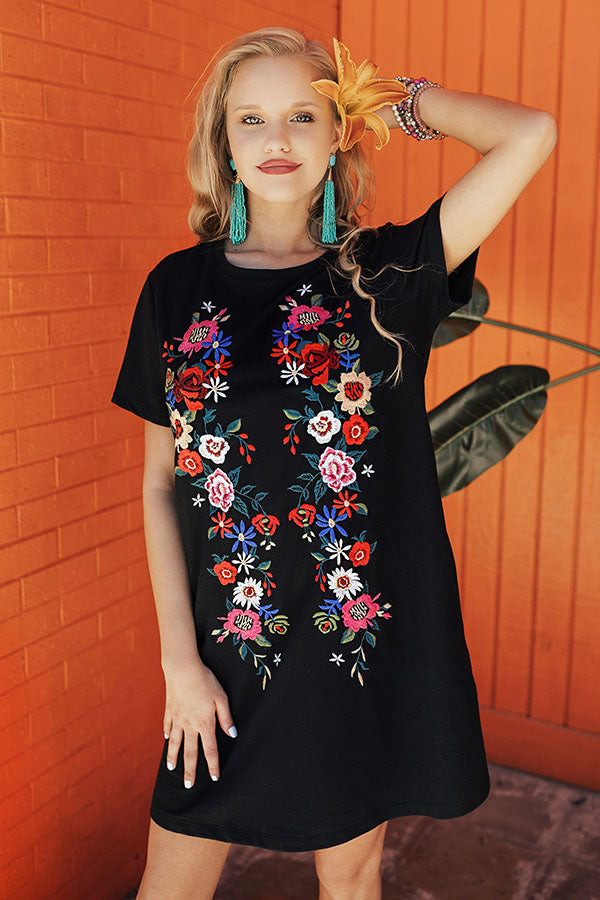 black embroidered shirt dress