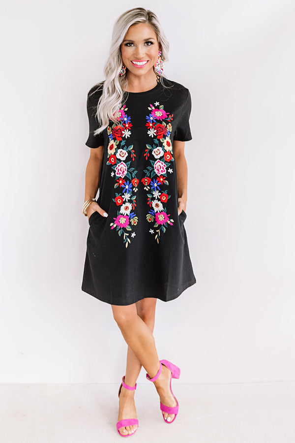 black embroidered shirt dress