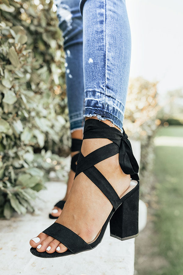 black suede tie up heels