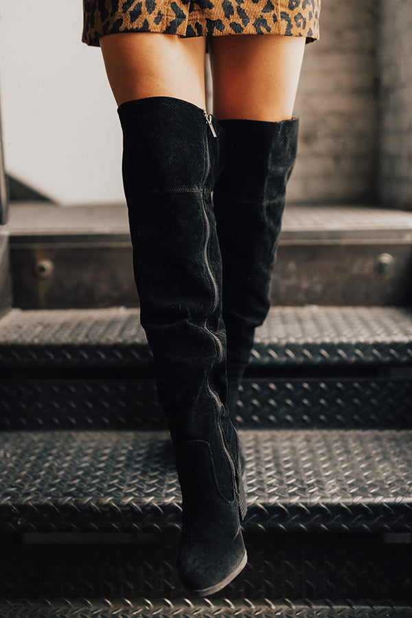 black faux suede thigh high boots