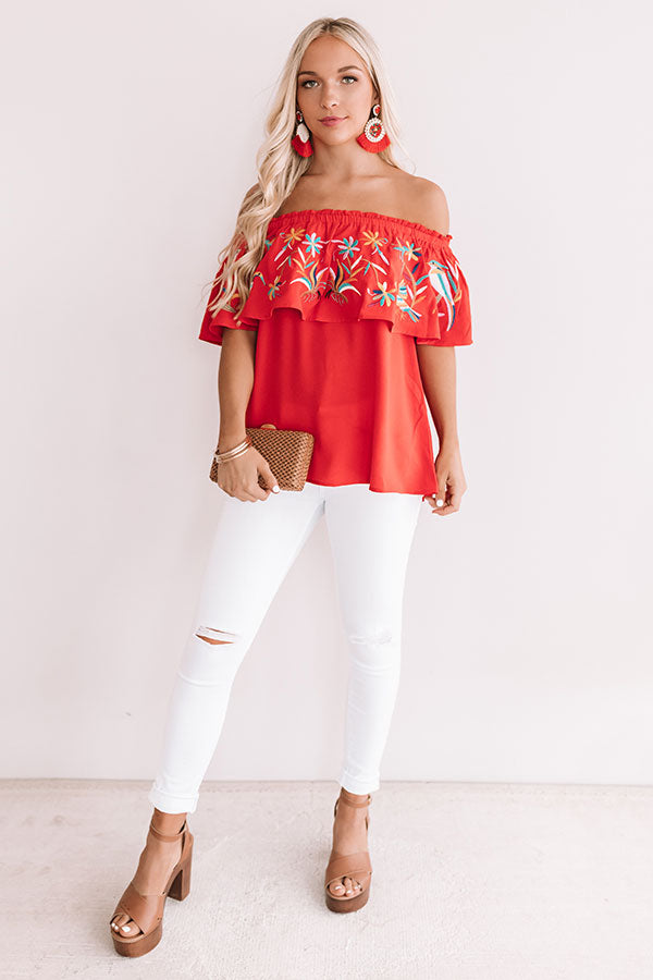 Sunset Palms Embroidered Top In Red • Impressions Online Boutique