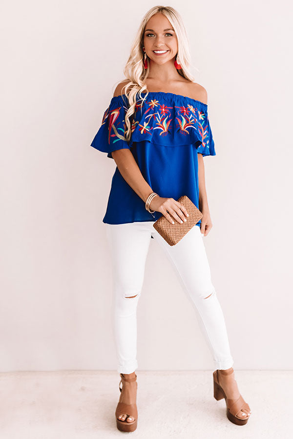 Sunset Palms Embroidered Top In Royal Blue • Impressions Online ...