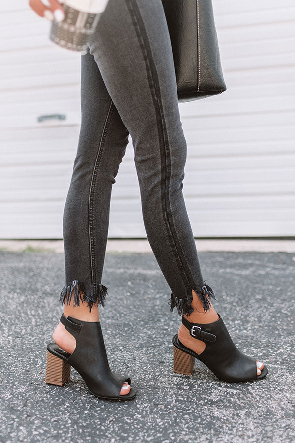 peep toe black leather booties