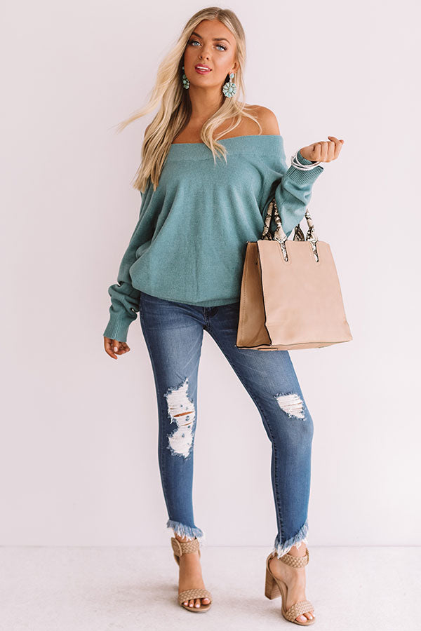 Chart Topper Off Shoulder Sweater In Turquoise • Impressions Online ...