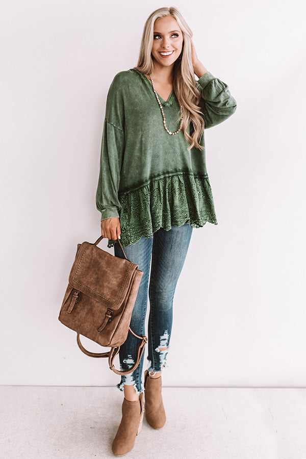 Stay By The Fire Crochet Trim Hoodie In Olive • Impressions Online Boutique