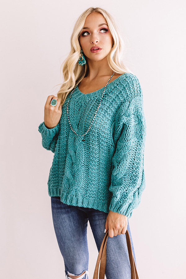 All Things Cozy Cable Knit Sweater in Turquoise • Impressions Online