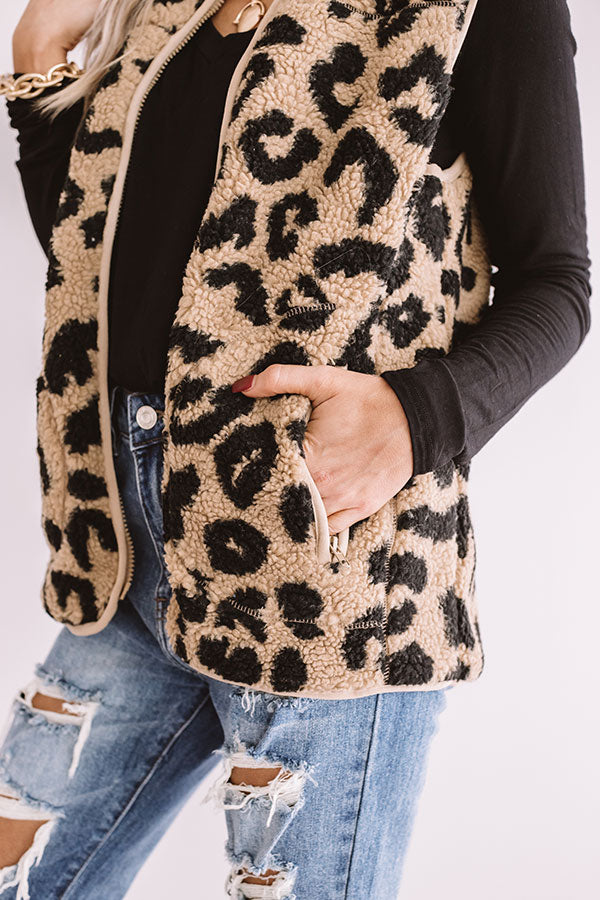 Bunny Slope Leopard Sherpa Vest In Khaki • Impressions Online Boutique