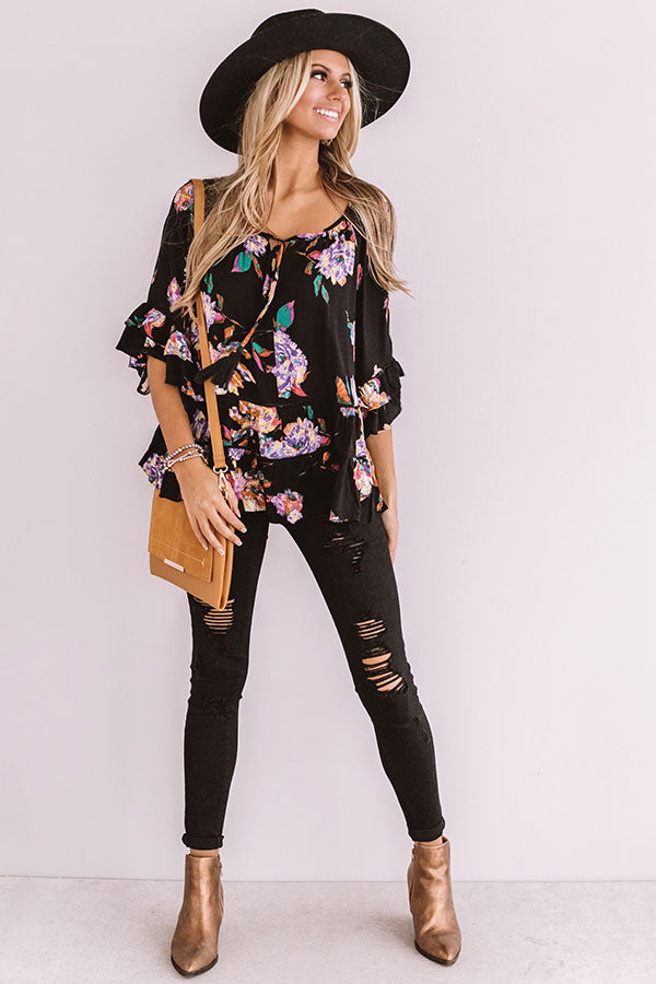 NVR Worn Sweet Floral on Black Print ComfyS/S TOP - Clothes for