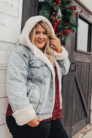 Glacier Nights Faux Fur Lined Denim Jacket in Cream Curves