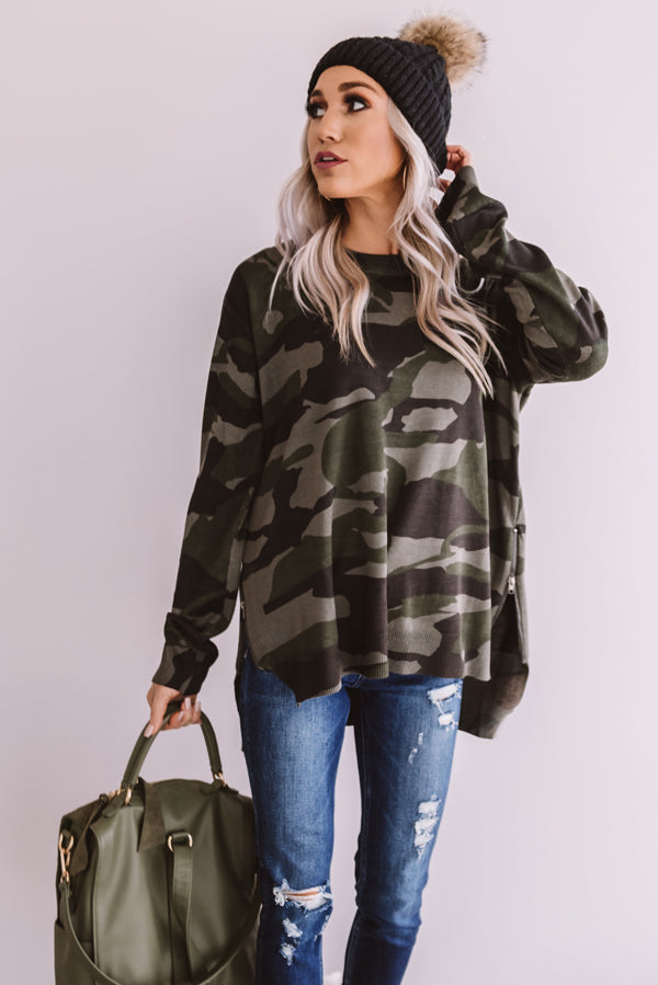 Rock The Room Camo Shift Sweater • Impressions Online Boutique