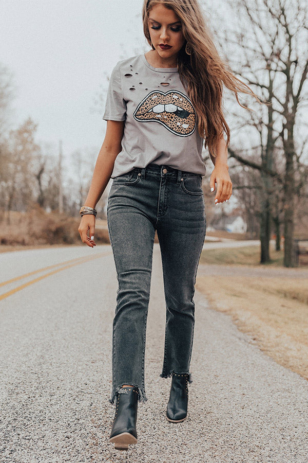 Leopard Lips Distressed Boyfriend Tee in Grey • Impressions Online Boutique