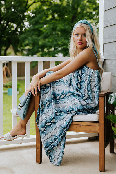 Spanish Sojourn White and Blue Paisley Tie-Strap Maxi Dress