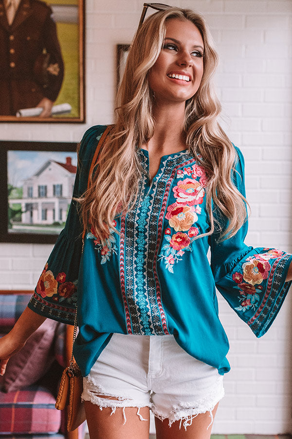 Road To Paradise Embroidered Top In Teal