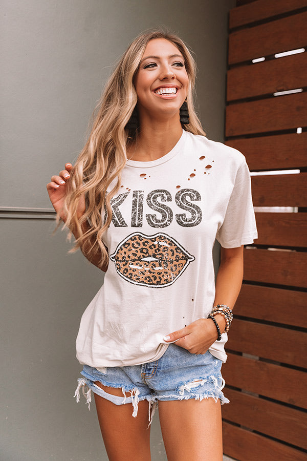 Leopard Kiss Distressed Tee In Stone • Impressions Online Boutique