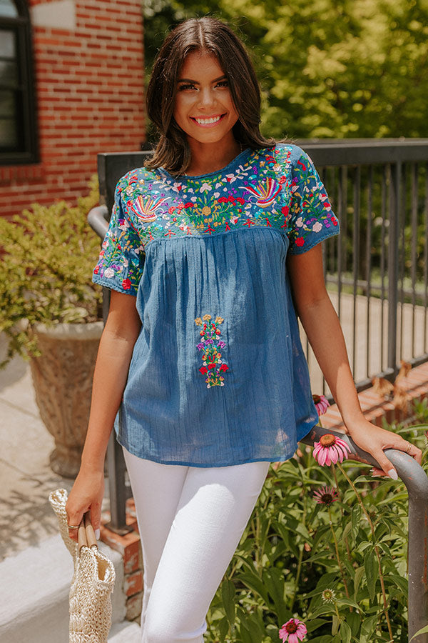 SanFran Sunshine Embroidered Top In Ocean Blue • Impressions Online ...