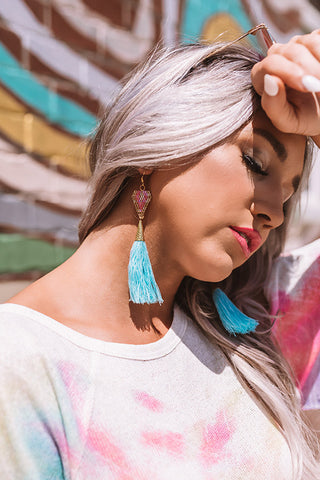 Get Mirror Embellished Blue Tassel Earrings at  750  LBB Shop