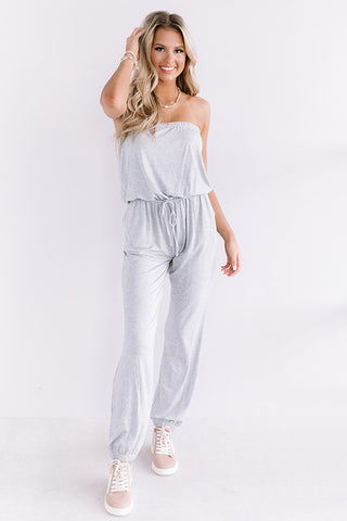 grey strapless jumpsuit