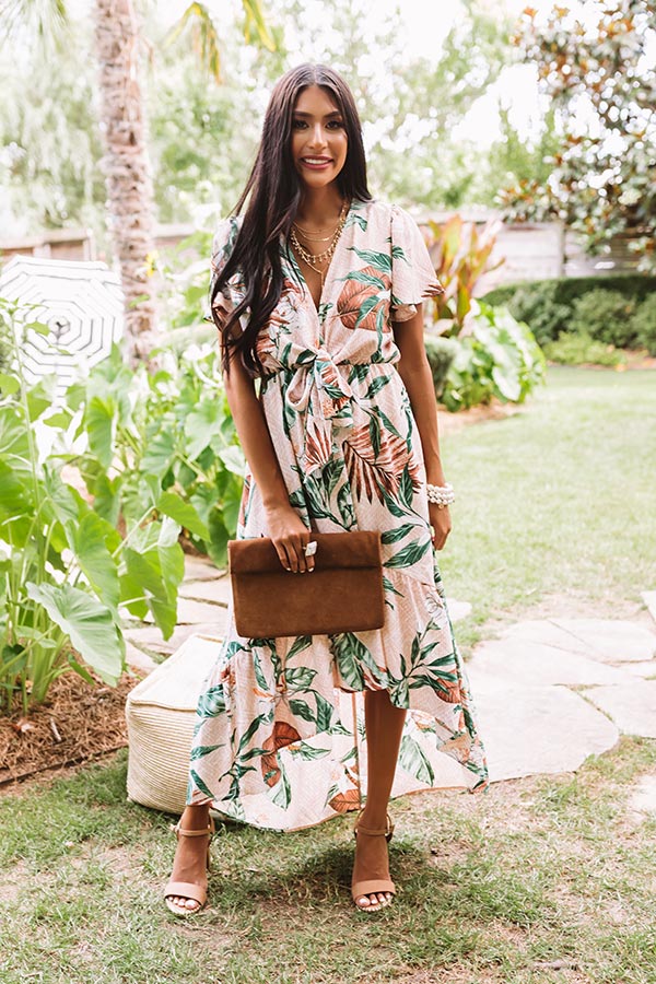 Tropical Floral Tie Front Midi Wrap Dress