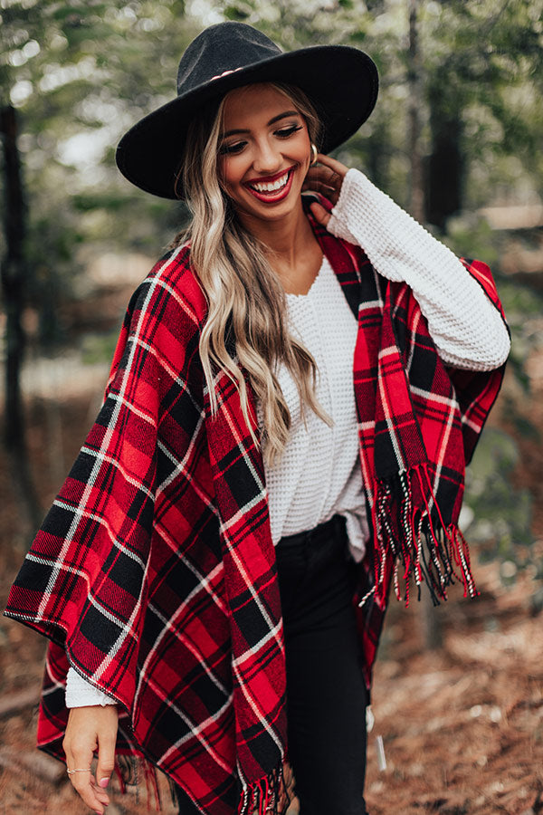 Autumn Mornings Plaid Poncho In Red • Impressions Online Boutique