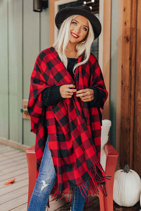 Autumn Rush Buffalo Check Poncho In Red • Impressions Online Boutique