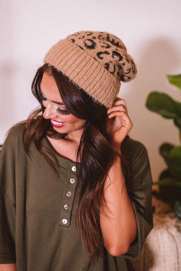 Leopard Knitted Beanie Hat - Khaki