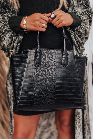 Black Leather-Look Embossed Tote Bag