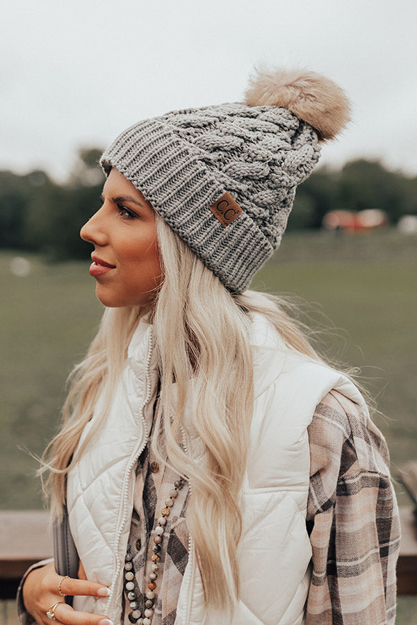 Gold Metallic Knit Faux Fur Pom Hat