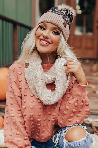 Pom Pom Leopard Print Beanie in Taupe