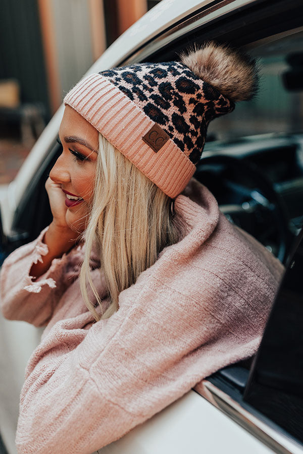 Leopard Love Faux Fur Pom Beanie in Pink • Impressions Online Boutique
