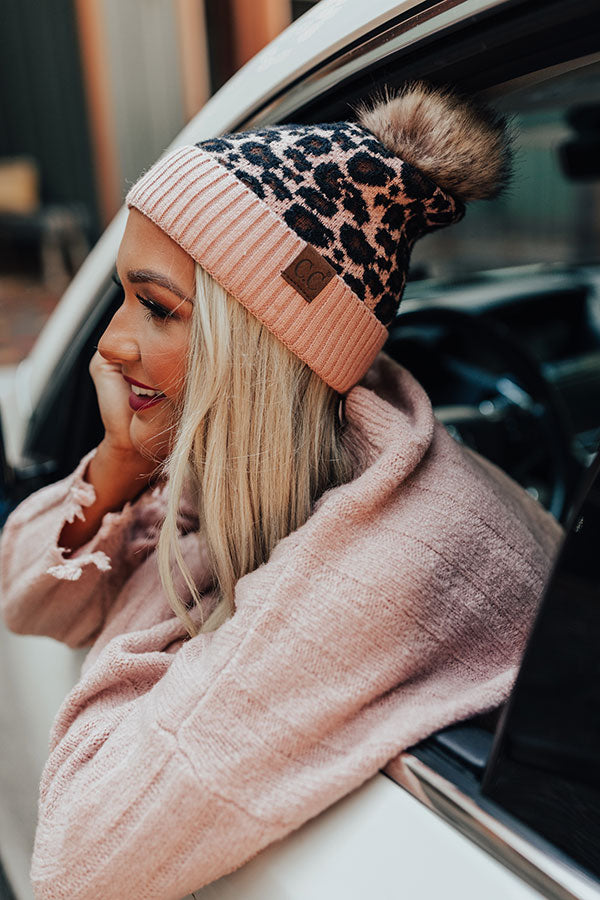 Leopard Pom Beanie Latte