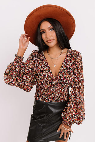 By Together Women's Floral Print Smocked Long Sleeve Crop Top