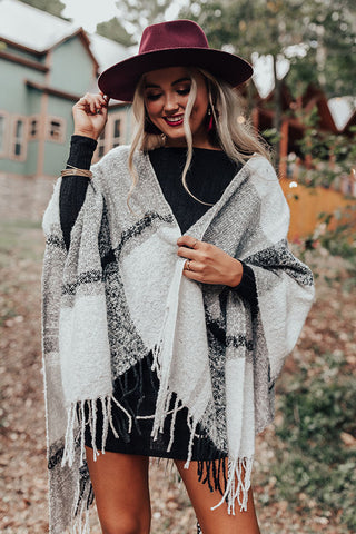 Cozy Up Fireside Plaid Poncho In Grey • Impressions Online Boutique
